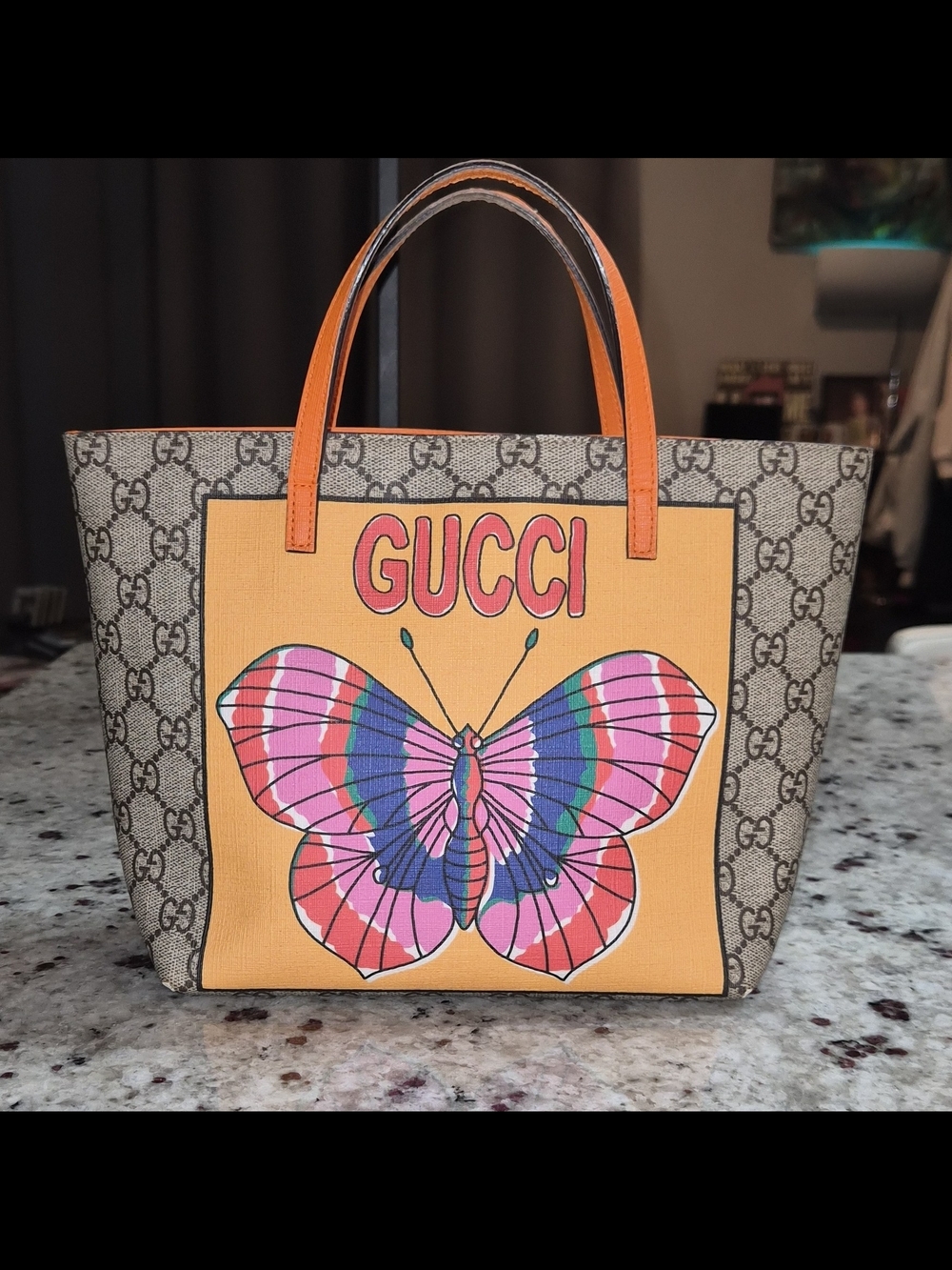 Authentic Gucci GG Supreme Butterfly Tote Bag Orange Trim Graphic Kids
